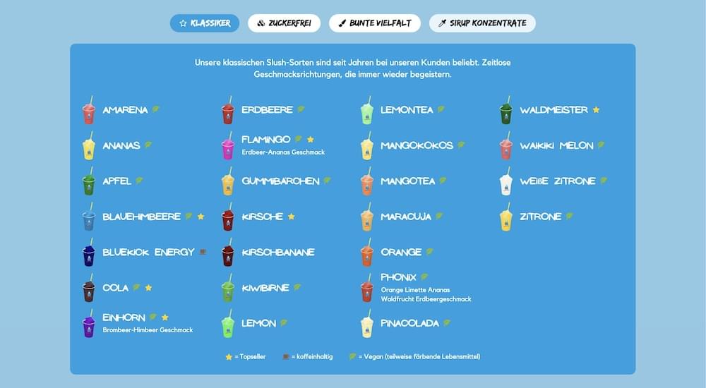 Slush-Sorten Übersicht Unterseite Slush-Sorten Übersicht Unterseite