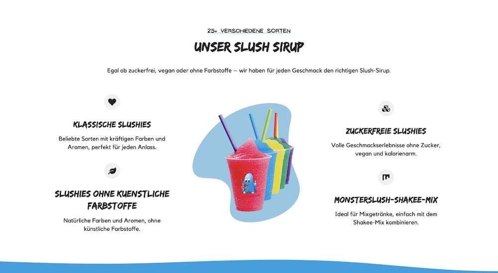 MonsterSlush Slush-Sorten Sektion auf der Startseite MonsterSlush Slush-Sorten Sektion auf der Startseite